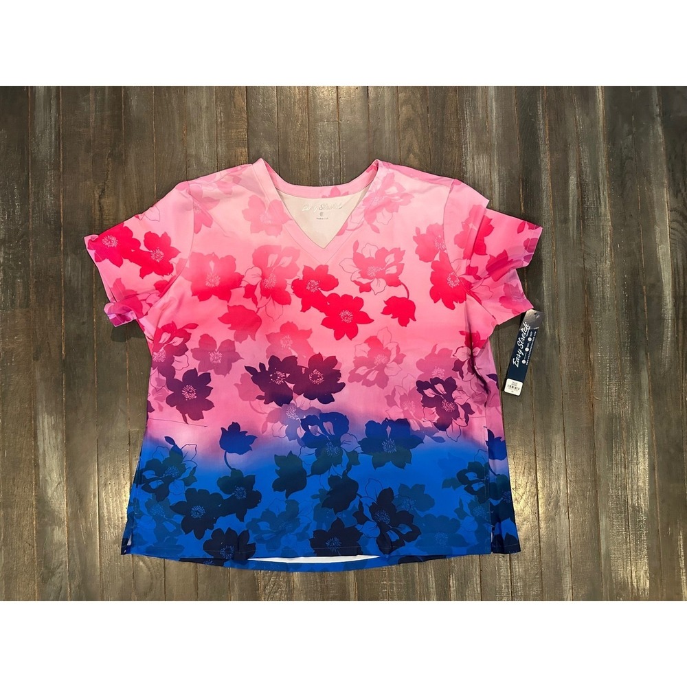 Easy Stretch by Butter-Soft Women Floral Ombre V-Neck Scrub Top Pink Blue - Picture 1 of 2